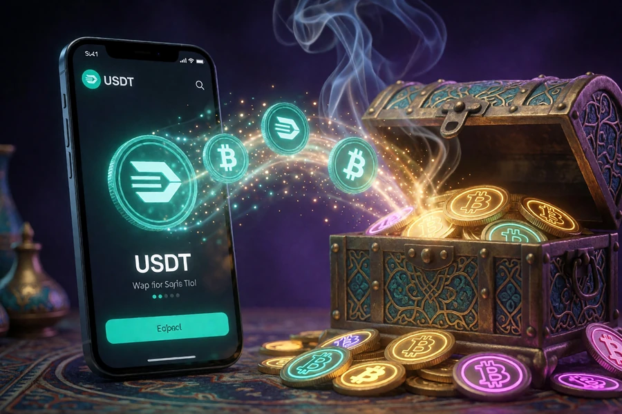 USDT-Wallet-Transaktion mit goldenem Lichtstrom zu einer orientalischen Bonus-Truhe