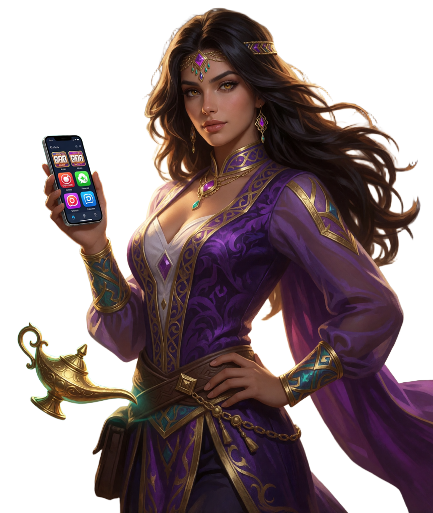 Abenteurerin im orientalischen Outfit w&auml;hlt auf ihrem Smartphone zwischen Slot-, Live-Casino- und Sportkategorien