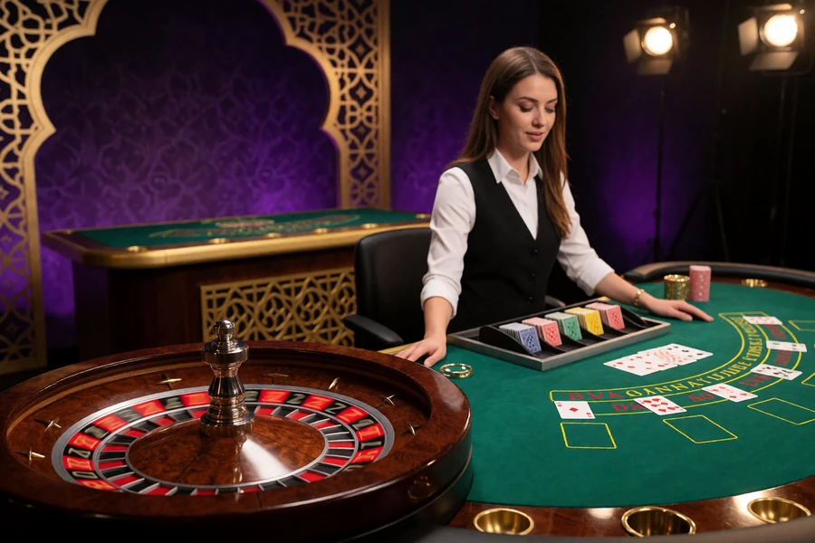 Live-Casino-Studio mit Roulette-Rad, Blackjack-Kartenschlitten und Dealer-Station in goldener Beleuchtung
