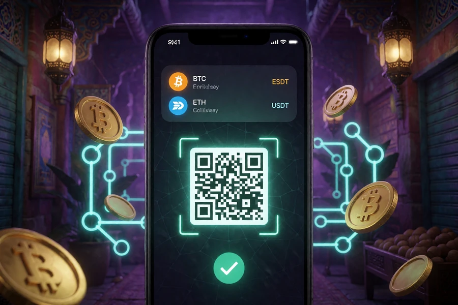 Krypto-Wallet auf Smartphone zeigt Auswahl von BTC, ETH und USDT mit Netzwerkbest&auml;tigung im orientalischen Bazar-Ambiente