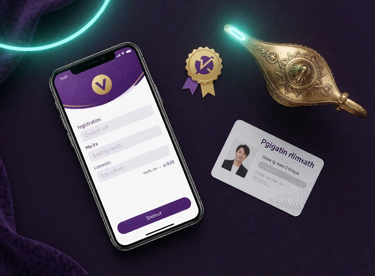 Smartphone mit Registrierungsformular, Ausweisdokument und leuchtende Wunderlampe auf dunklem Untergrund