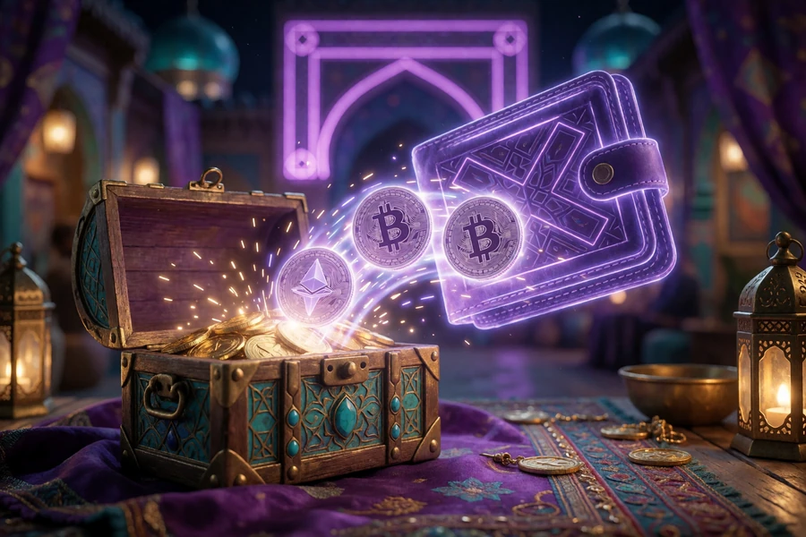 Neon-Wallet sendet Bitcoin, Ethereum und USDT in eine goldene Bonus-Truhe im orientalischen Bazar-Ambiente