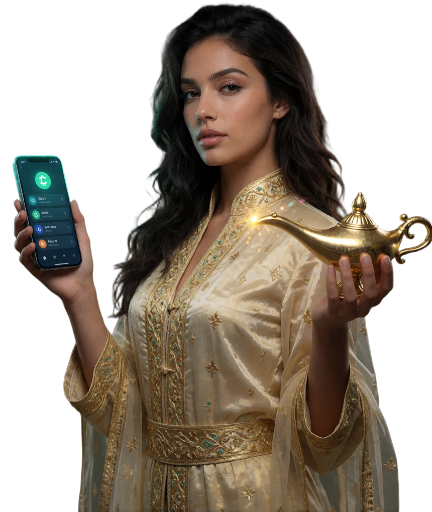 Abenteurerin im orientalischen Outfit vergleicht Krypto-Wallet auf dem Smartphone mit goldener Wunderlampe