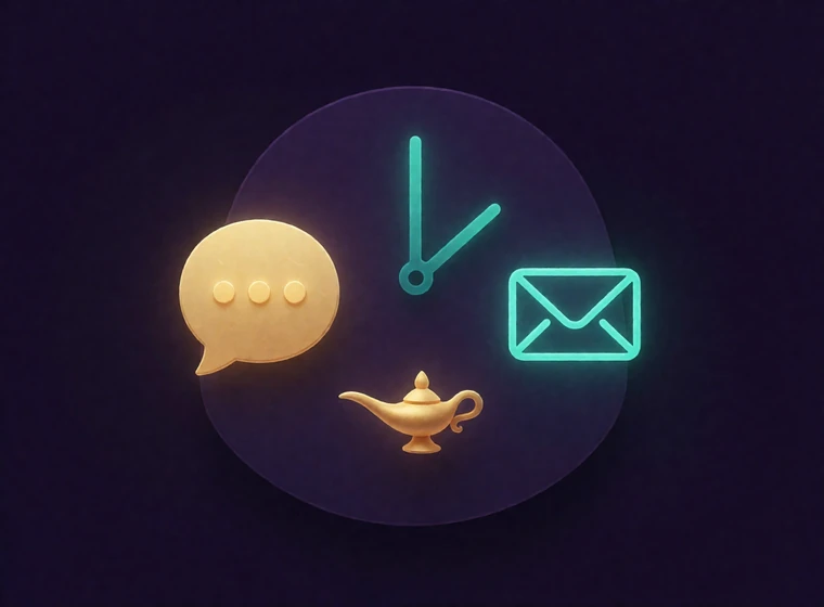 Leuchtendes Chat-Symbol und Brief-Symbol mit Wunderlampe und Uhrzeiger auf violettem Grund