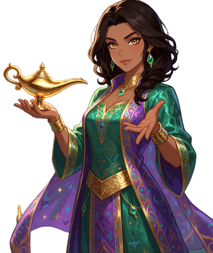 Abenteurerin im orientalischen Outfit mit goldener Wunderlampe und Geste zu zwei Bonus-Wegen
