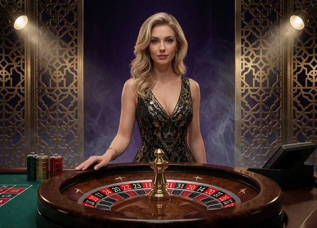 Live-Dealerin am Roulette-Tisch in dunklem Casino-Studio mit goldenen Akzenten