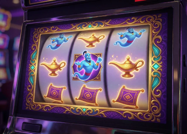 Leuchtender Spielautomaten-Bildschirm mit Dschinn- und Lampen-Symbolen in violettem Neonlicht