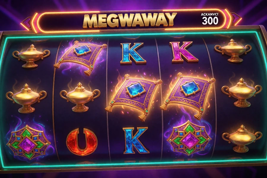Megaways-Walzenmechanik mit orientalischen Symbolen und leuchtendem Jackpot-Z&auml;hler ohne konkreten Markentitel