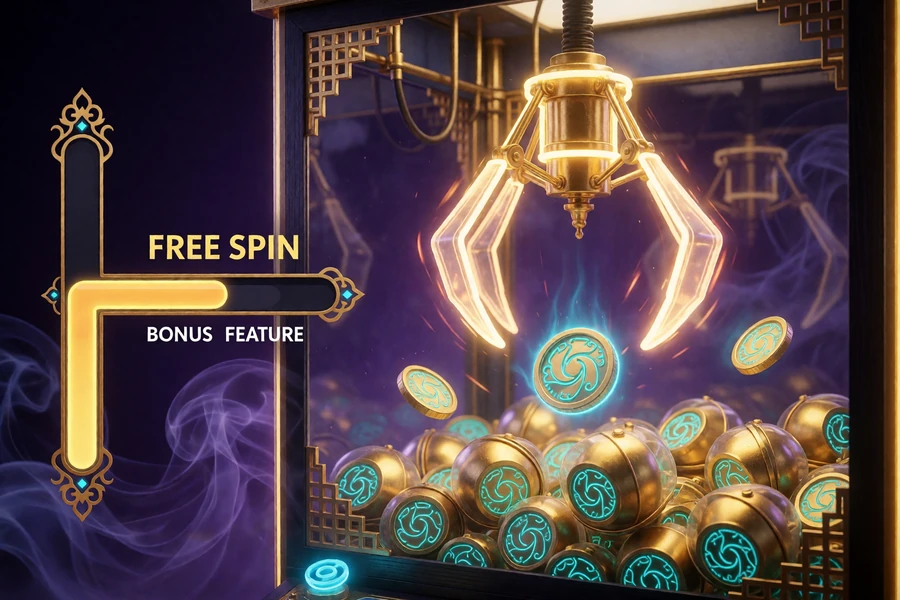 Neon-Greifarm &uuml;ber einer Kammer mit goldenen Bonus-Kapseln und Freispiel-Token